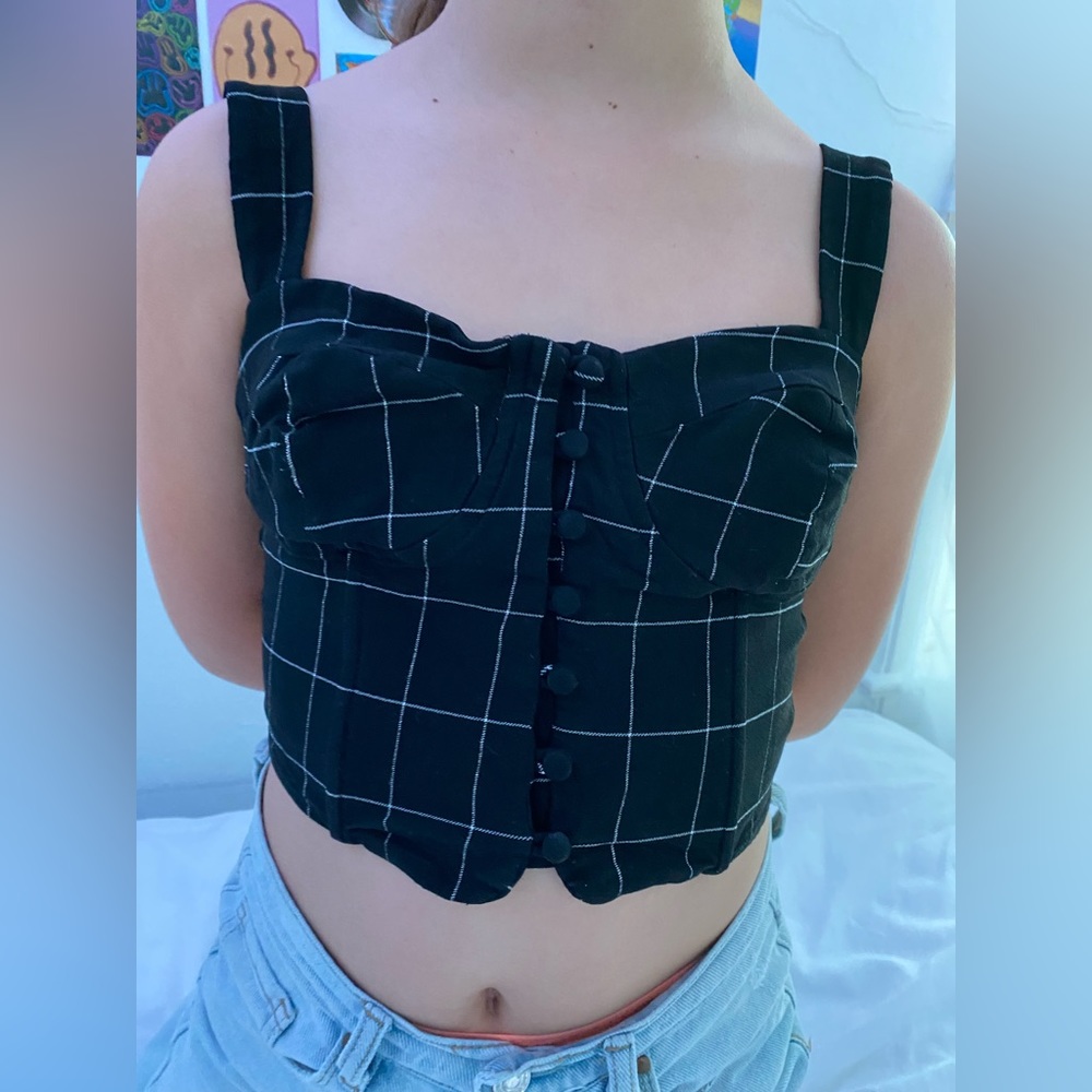 black forever 21 cropped tank boned grid pattern corset top